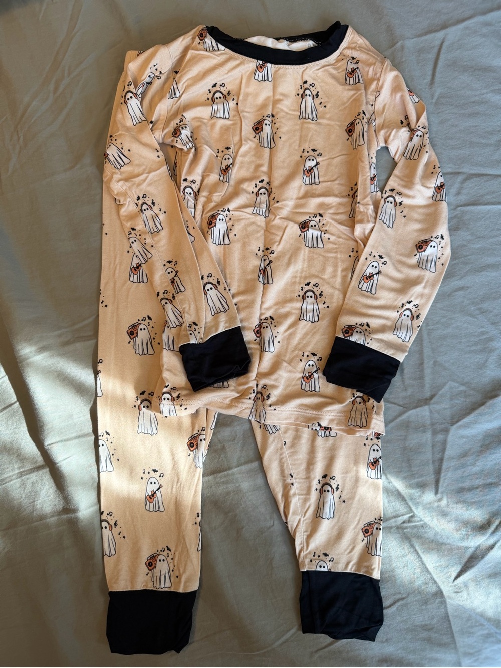 Kids Long Sleeve Pajama Set - Beige Ghost Print with Black Trim